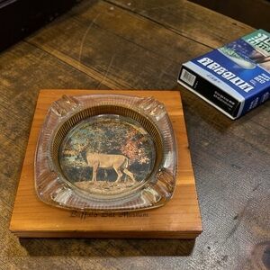 Vintage Buffalo Bill Museum Souvenir Ashtray - Rustic Cedar Wood & Glass